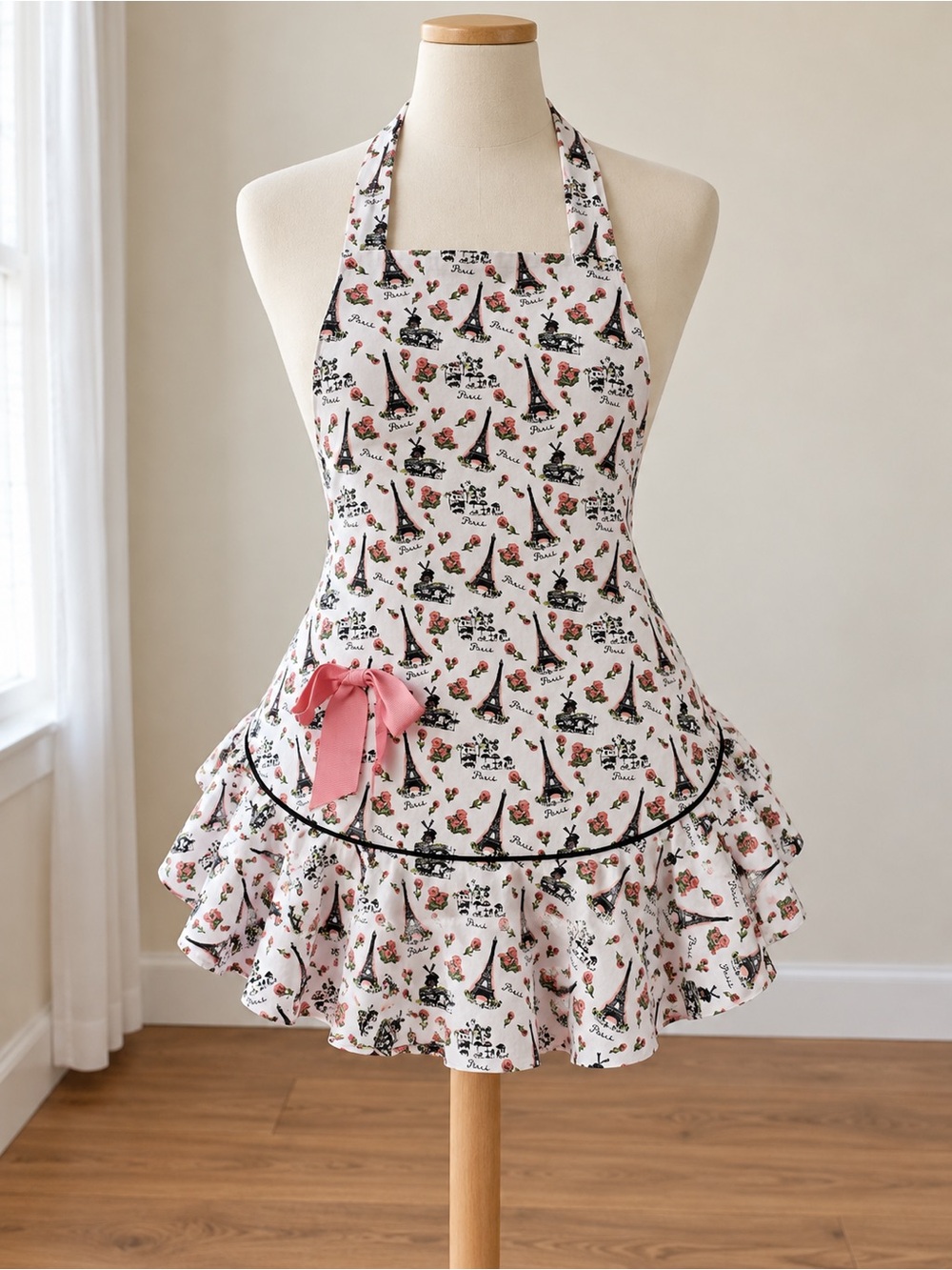 Pink Eiffel Tower Print Ruffled Halter Apron with Bow